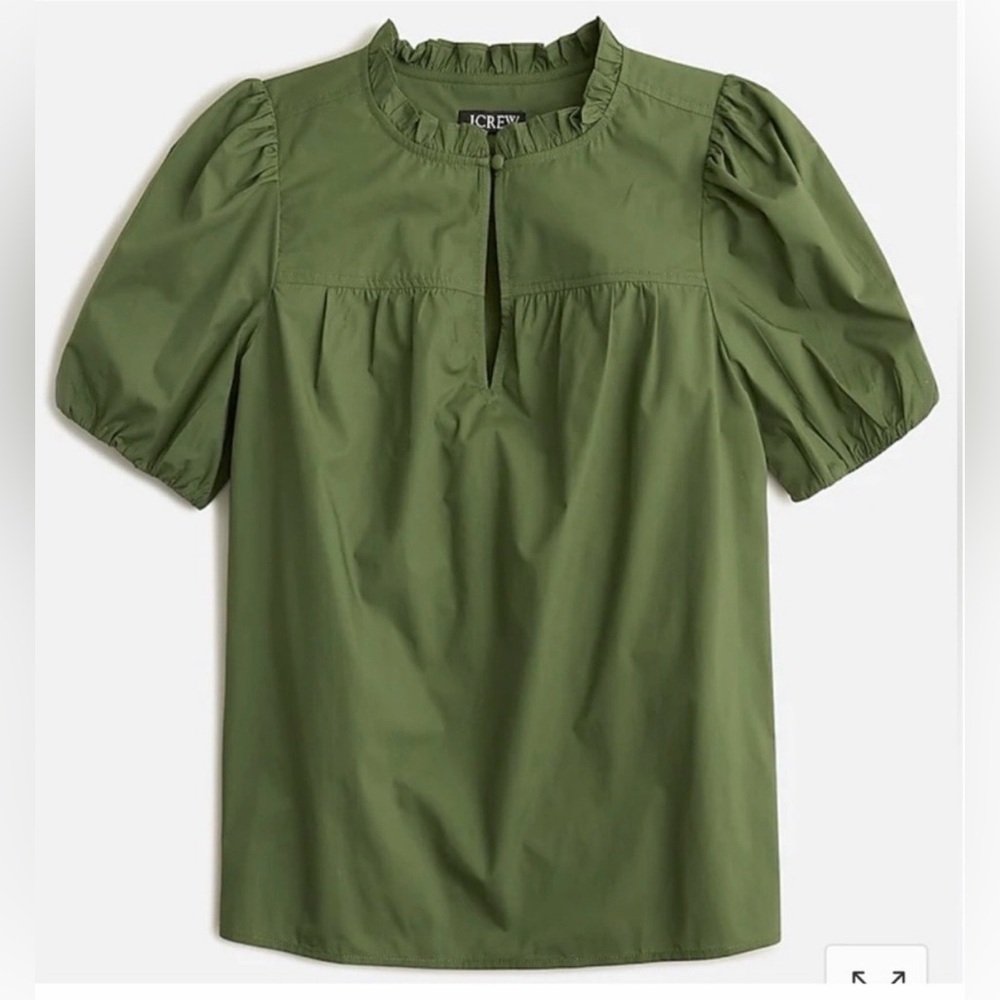 J.Crew Olive Green Ruffle Neck Puff
Sleeve Keyhole Cotton Blouse NWT